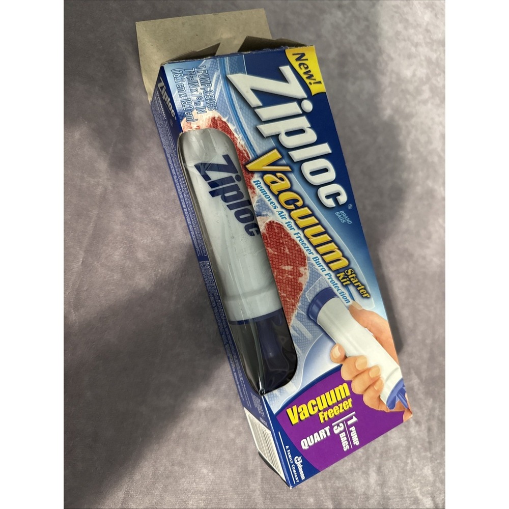 Ziploc Vacuum Starter Kit Hand Pump With 3 Freezer Quart Bags‎ NEW Open Box